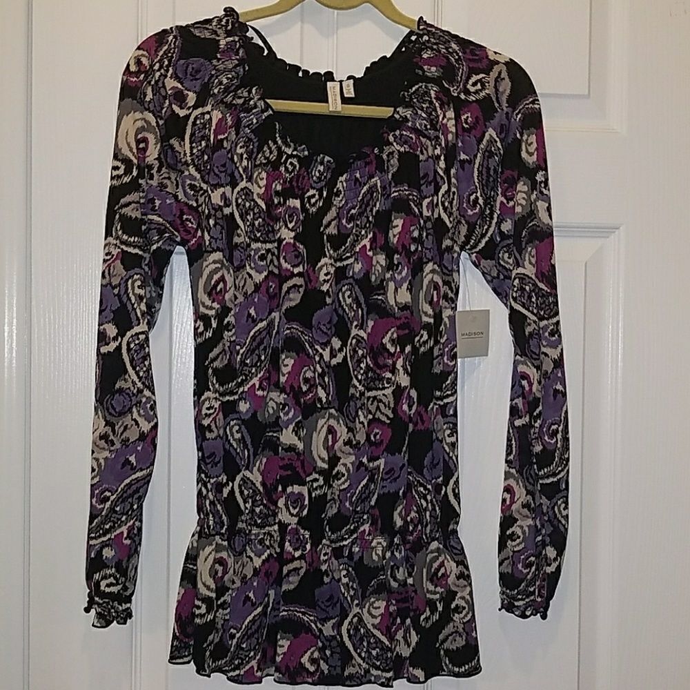 Madison drop waist top Purple black Sz S NWT